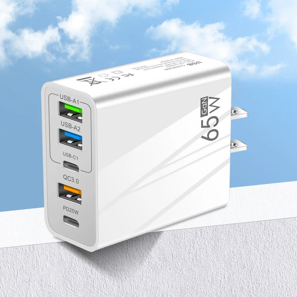 Cargador USB-C blanco, detalle puertos
