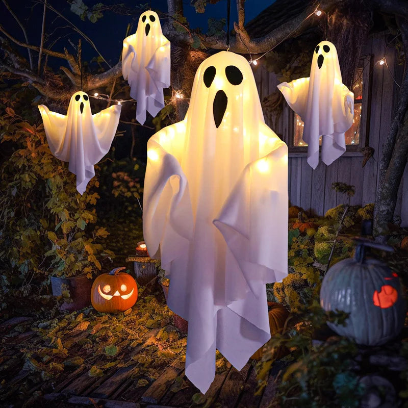 Fantasma blanco colgante de Halloween con luz LED