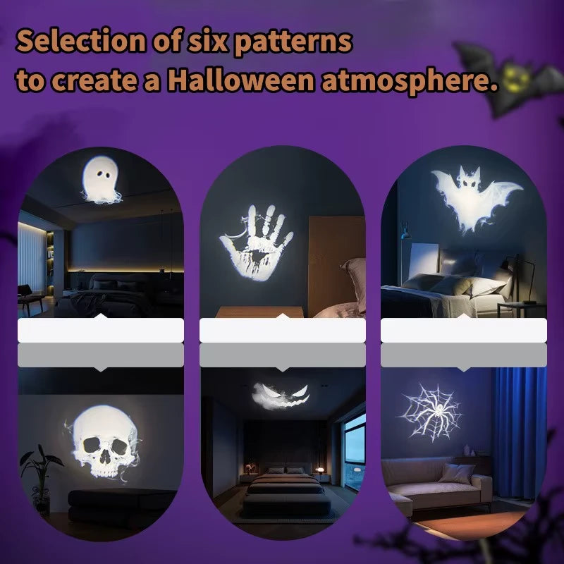 Proyector de Halloween proyectando fantasma, calavera, murciélago y telaraña en habitación